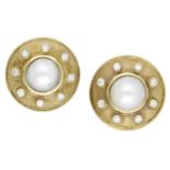 A pair of 18ct gold cultured pearl mabÃ© pearl and diamond earrings, the circular earrings wi...