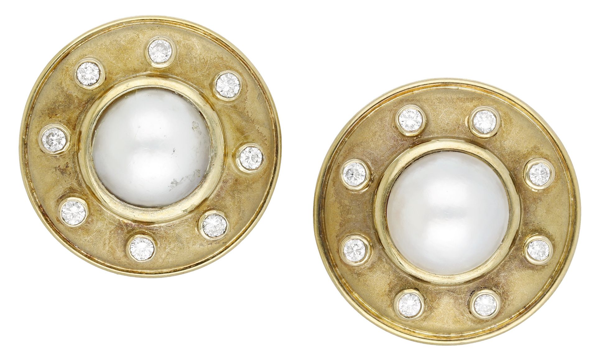 A pair of 18ct gold cultured pearl mabÃ© pearl and diamond earrings, the circular earrings wi...