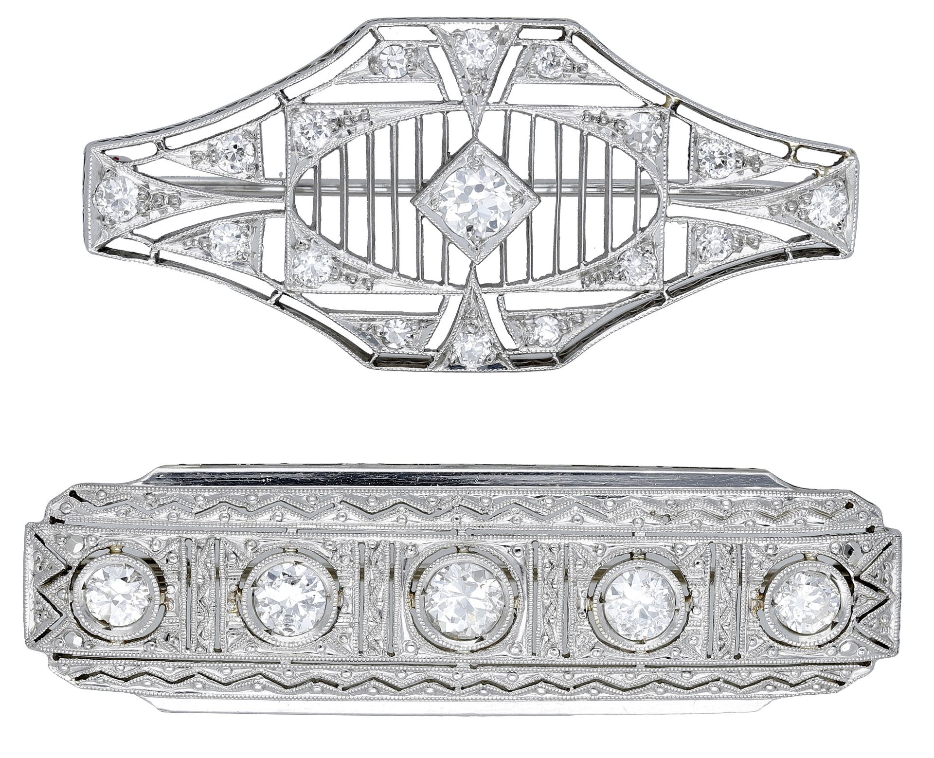 Two Art Deco diamond brooches, each of pierced design and set throughout with old brilliant-...