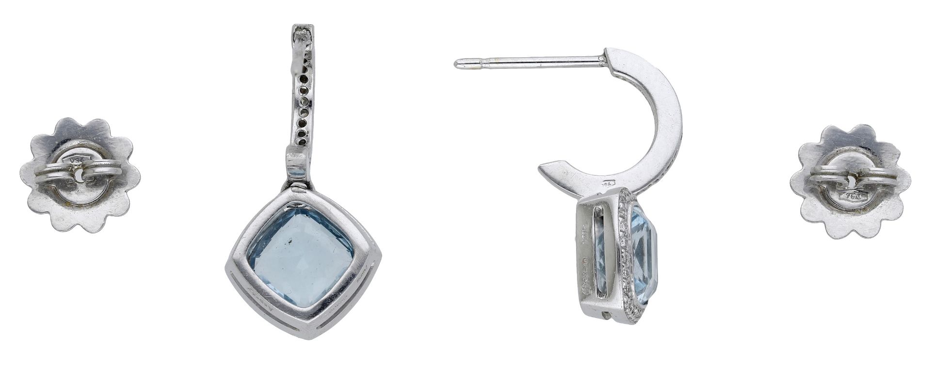 A pair of 18ct white gold aquamarine and diamond ear pendants by Asprey, the half hoop surmo... - Bild 2 aus 3