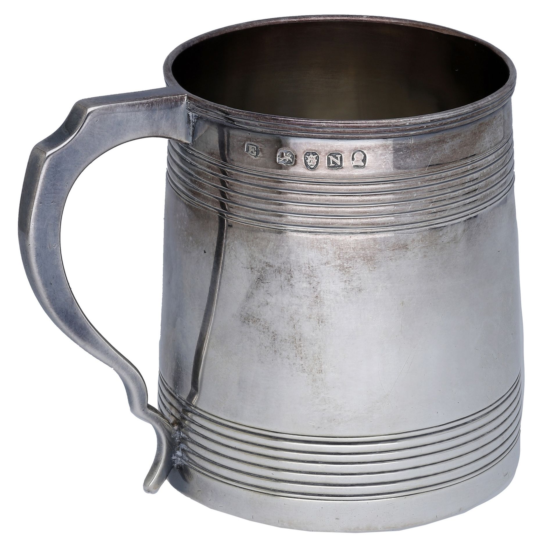 A George III silver christening mug, decorated with two bands of reeding, maker's mark rubbe...