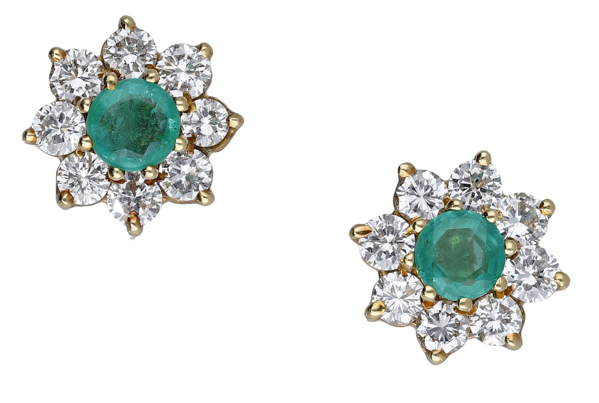 A pair of 18ct gold emerald and diamond cluster ear studs, comprising a circular-cut emerald...