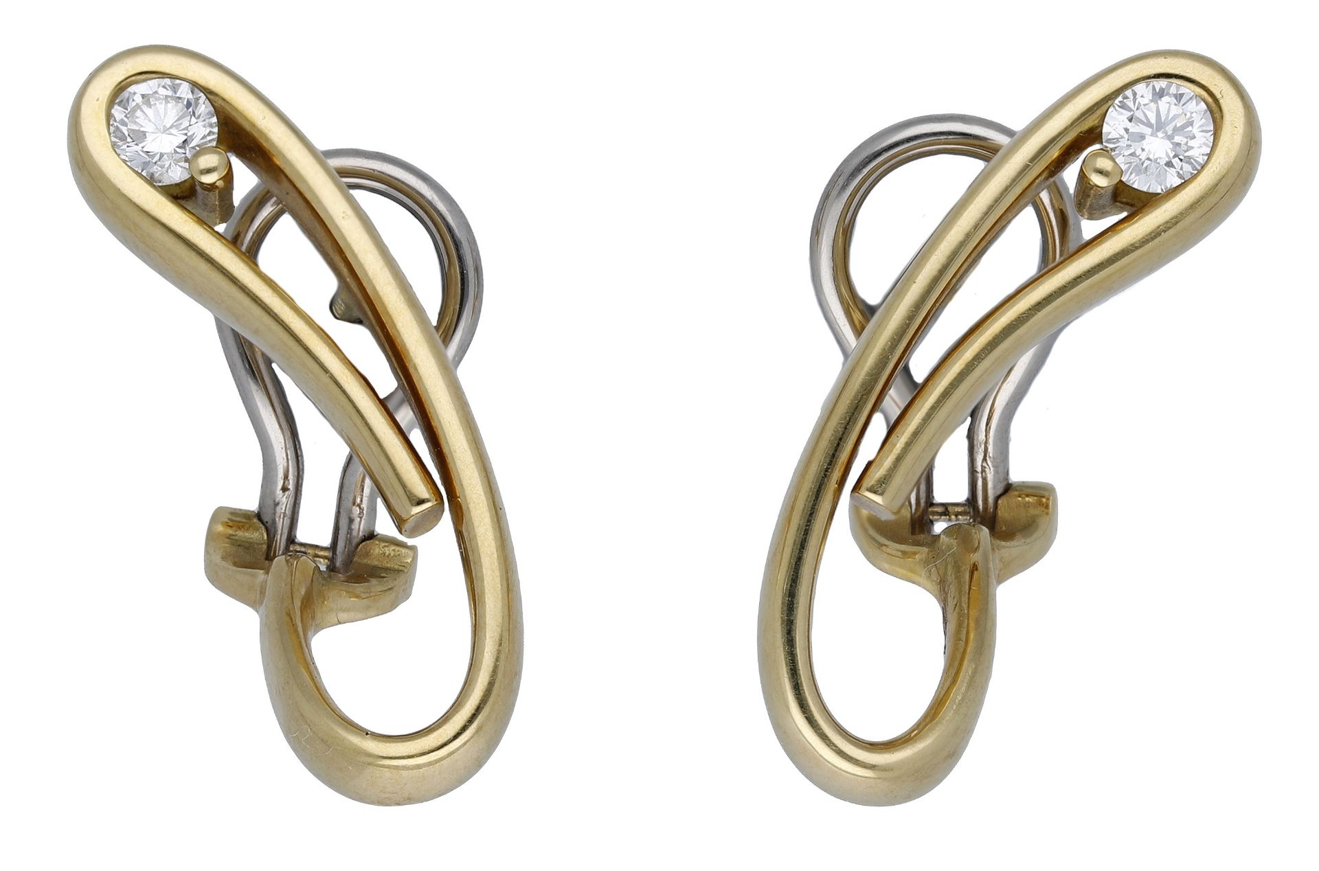 A pair of 18ct gold and diamond set earrings, of openwork scroll design, each set with a bri...