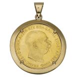 A gold coin pendant, the Austrian 100 corona 1915 restrike in plain gold mount, French eagle...