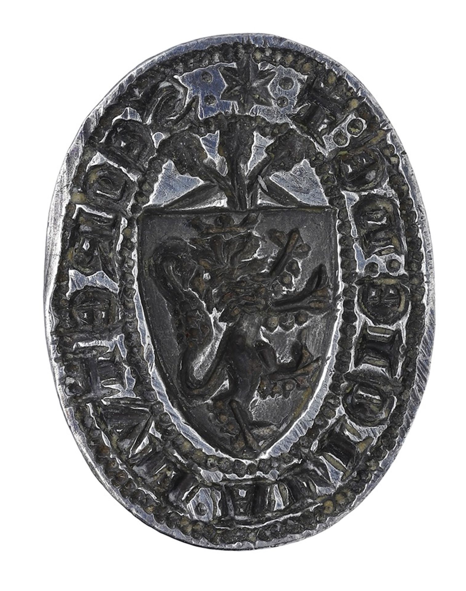 An early 14th century silver oval seal matrix, the hexagonal shaft surmounted by a hexagonal... - Image 2 of 3