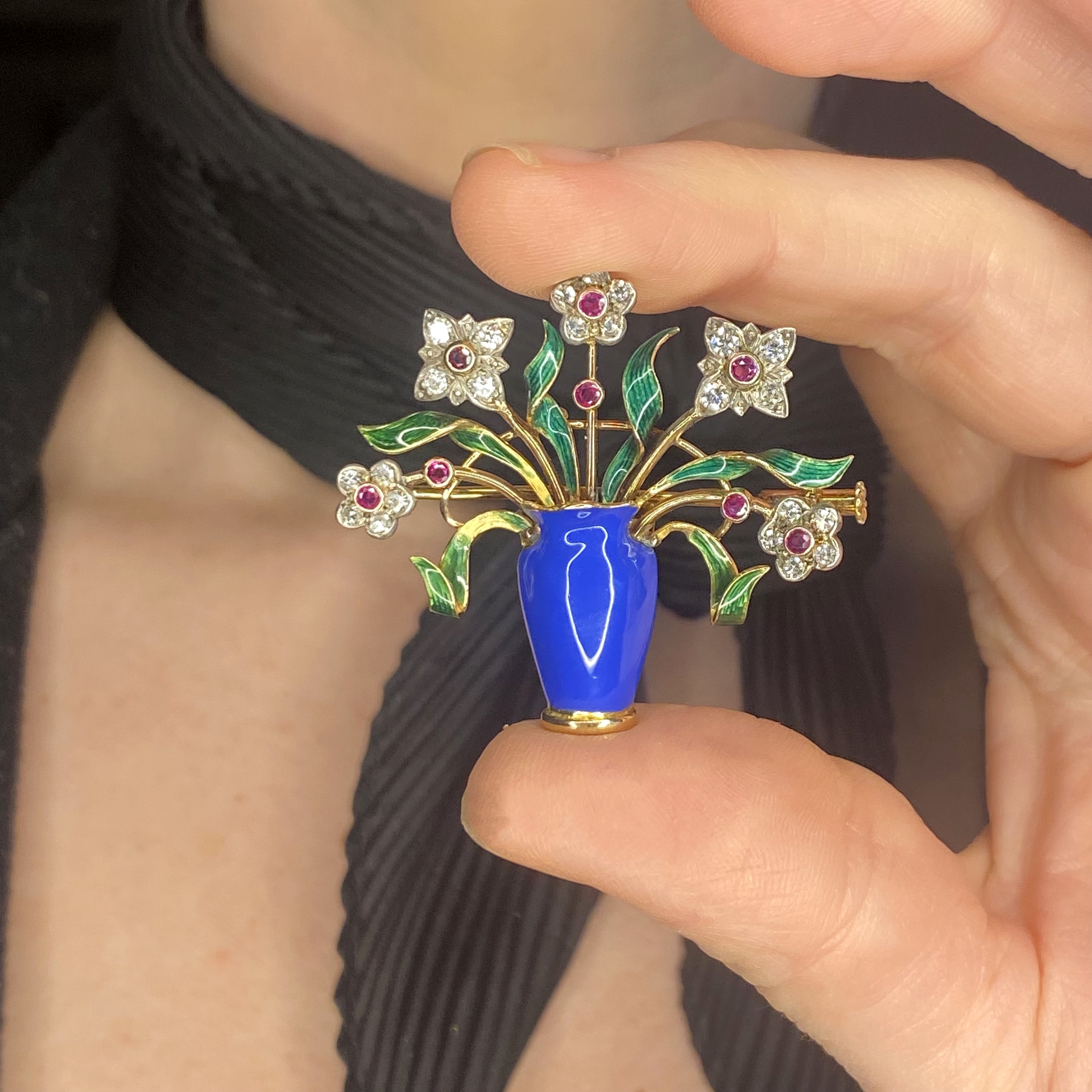 A mid 20th century enamel and gem-set brooch, the jardiniere with blue enamel vase and green... - Image 3 of 3