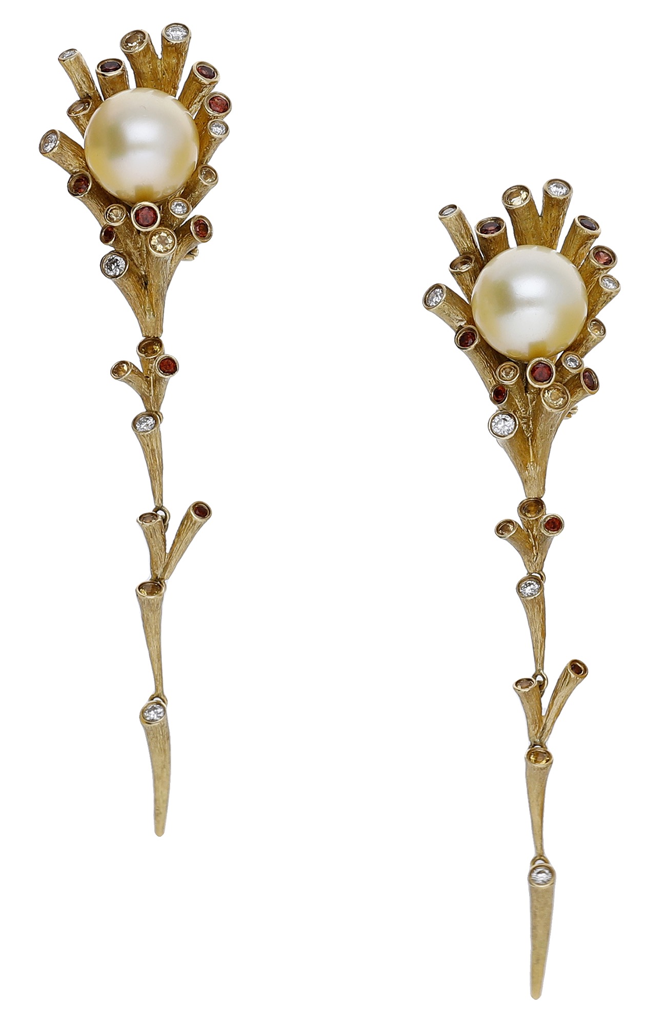 A pair of cultured pearl and gem-set earrings from the Dawn Collection by Fei Liu, 2006, of...