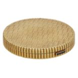 An 18ct gold circular compact by Kurt Weiss, 1965, retailed by Kutchinsky, with undulating w...