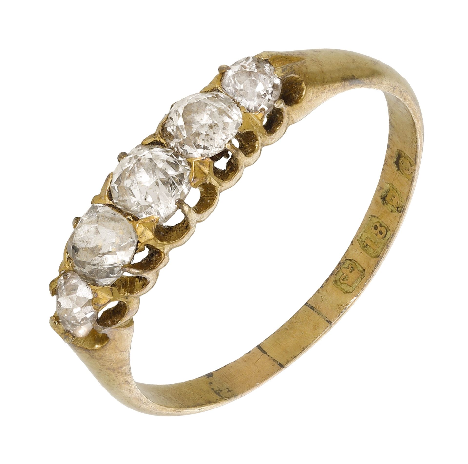 A Victorian five stone diamond ring, 1891, set with graduated old brilliant-cut diamonds, mo...