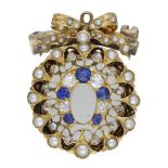 A late 19th century pearl, diamond and sapphire brooch, the composite jewel set throughout w...