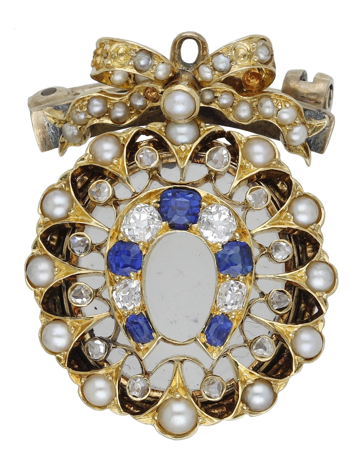 A late 19th century pearl, diamond and sapphire brooch, the composite jewel set throughout w...