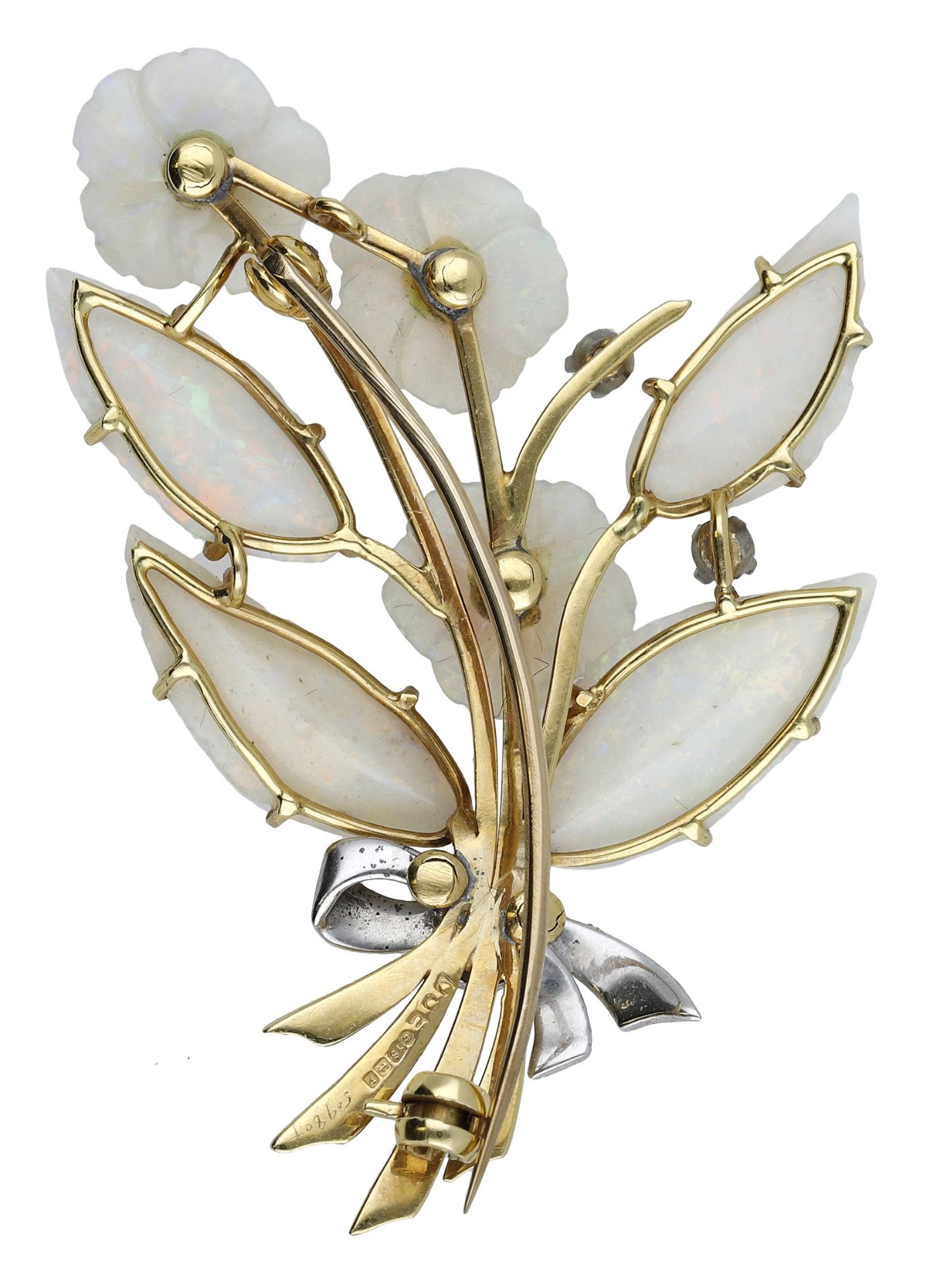 An 18ct gold opal, ruby and diamond floral spray brooch, 1989, realistically modelled, the c... - Image 2 of 3