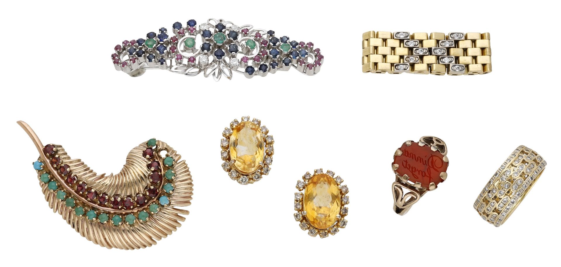 A small collection of gem-set jewellery comprising two vari gem-set brooches, a pair of citr...