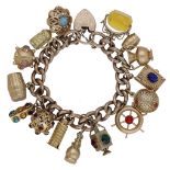 A charm bracelet, the hollow curb-links suspending various charms, to a padlock-shaped clasp...