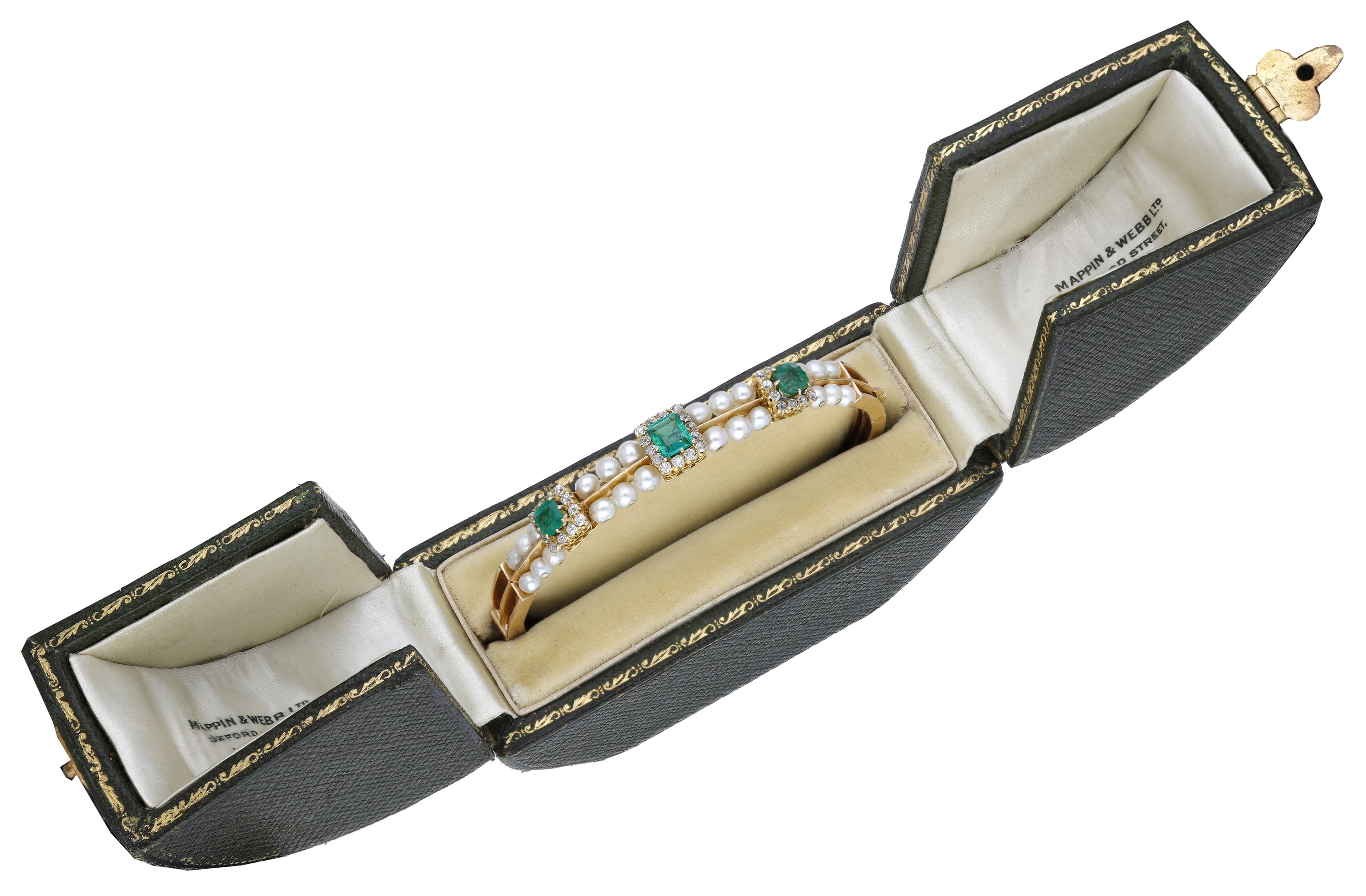 A late 19th century emerald and pearl bangle, set to the front with a central step-cut emera... - Image 2 of 4