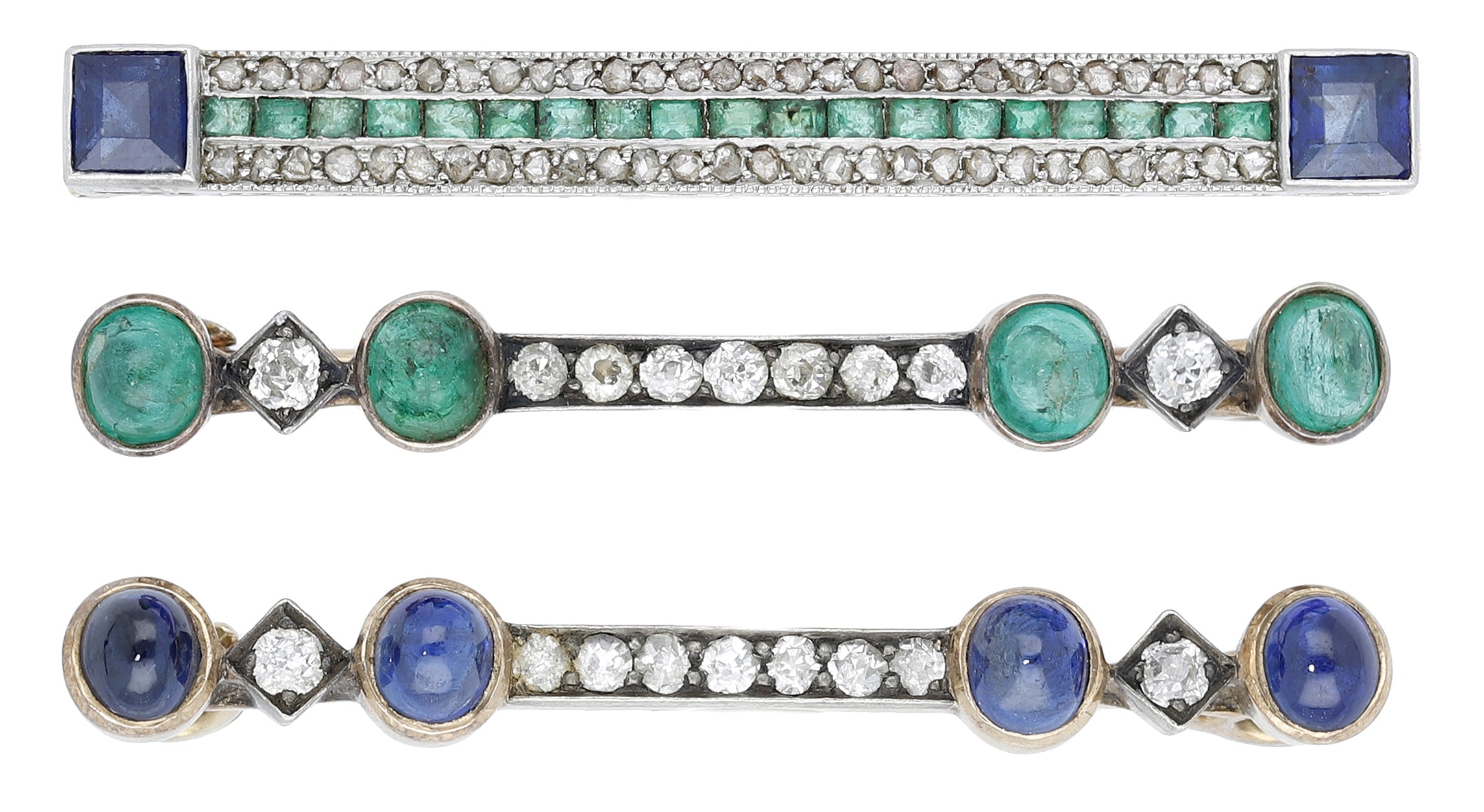 A pair of late 19th century gem-set brooches and another, the pair set with old and single-c...