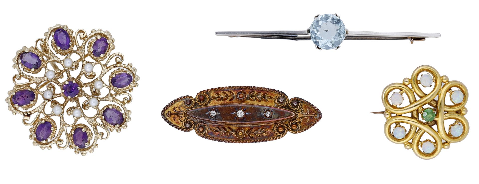 A small collection of gem-set brooches, including a pierced amethyst and seed pearl brooch,...