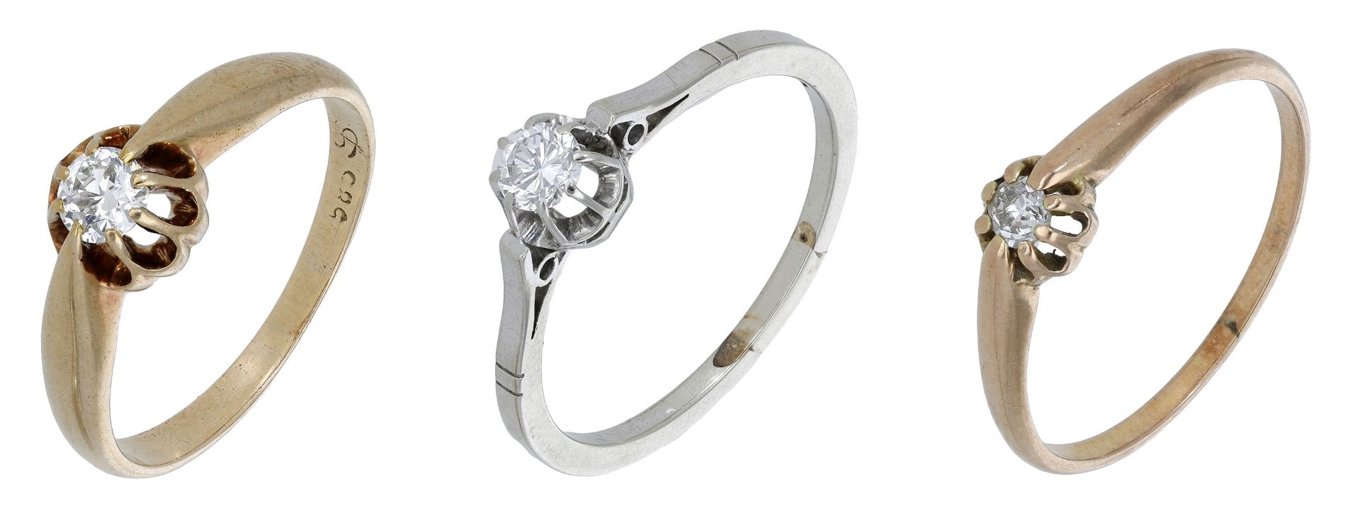 Three diamond single stone rings, comprising a 14ct white gold ring set with a brilliant-cu...