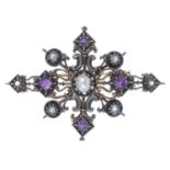 An antique diamond and amethyst brooch, later converted, the pierced brooch set throughout w...