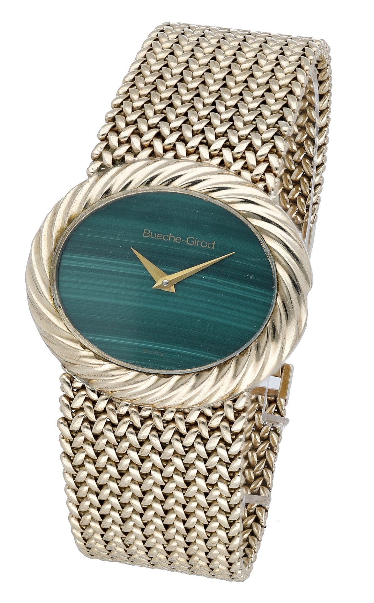 Bueche-Girod. A gold oval bracelet watch, circa 1978. Movement: manual winding, 17 jewels....