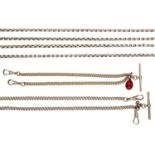 A small collection of chains, comprising two 9ct gold Albert chains, each with T-bar and swi...