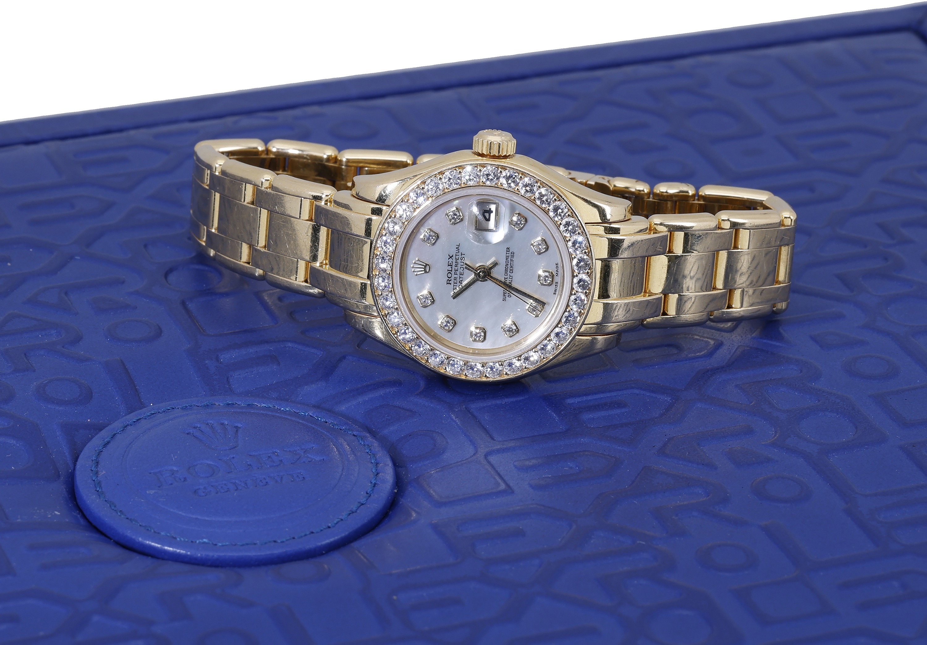 Rolex. A lady's gold and diamond-set automatic wristwatch with date, mother-of-pearl dial an... - Image 4 of 5