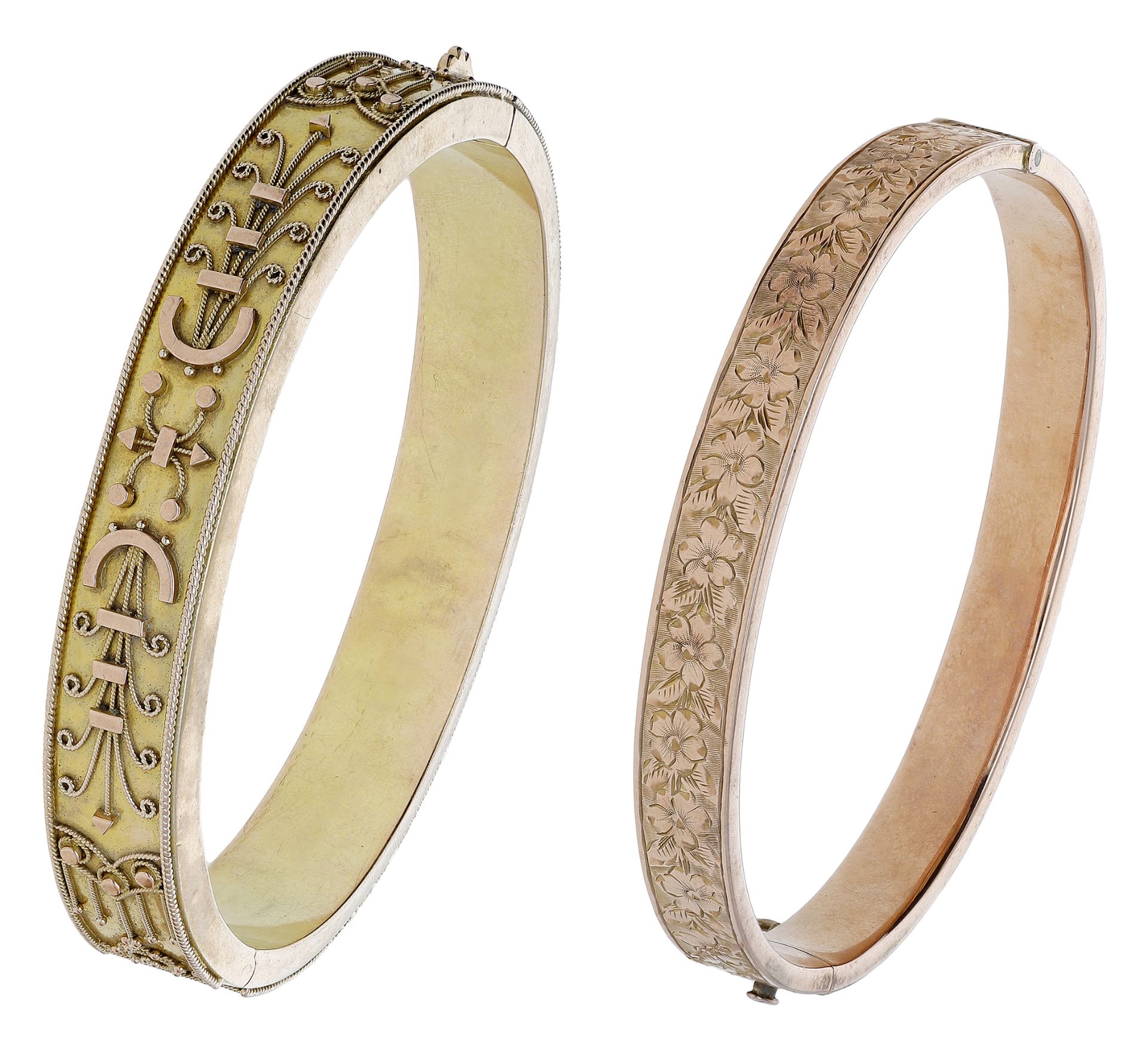 Two 9ct gold bangles, both hinged bangles of hollow form, with granulation and engraved foli...