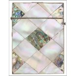 A mother-of-pearl and abalone shell visiting card case, the panels in chequer board design,...