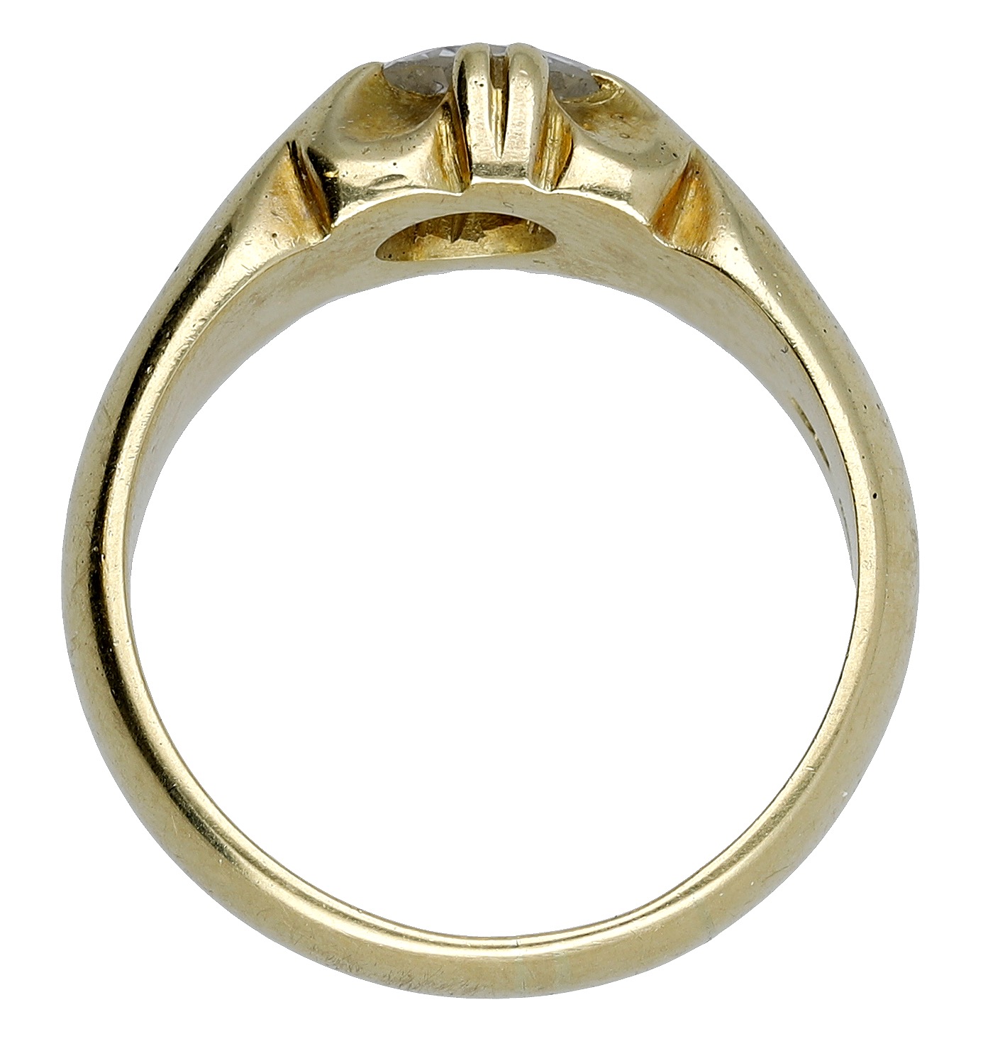 An 18ct gold single stone diamond ring, the old-cut diamond inset within claw mount, between... - Image 2 of 2