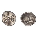 British Iron Age, ATREBATES and REGNI, Tincomarus, silver Unit, dolphin type, star of six li...