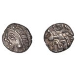 British Iron Age, ATREBATES and REGNI, Commios (50 - 25 BC), silver Unit, moon head left, cu...