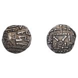 Early Anglo-Saxon Period, Sceatta, Primary series C2, radiate head right with pyramid torso...