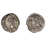 British Iron Age, DOBUNNI, uninscribed issues, silver Unit, head right, rosette on chin, orn...