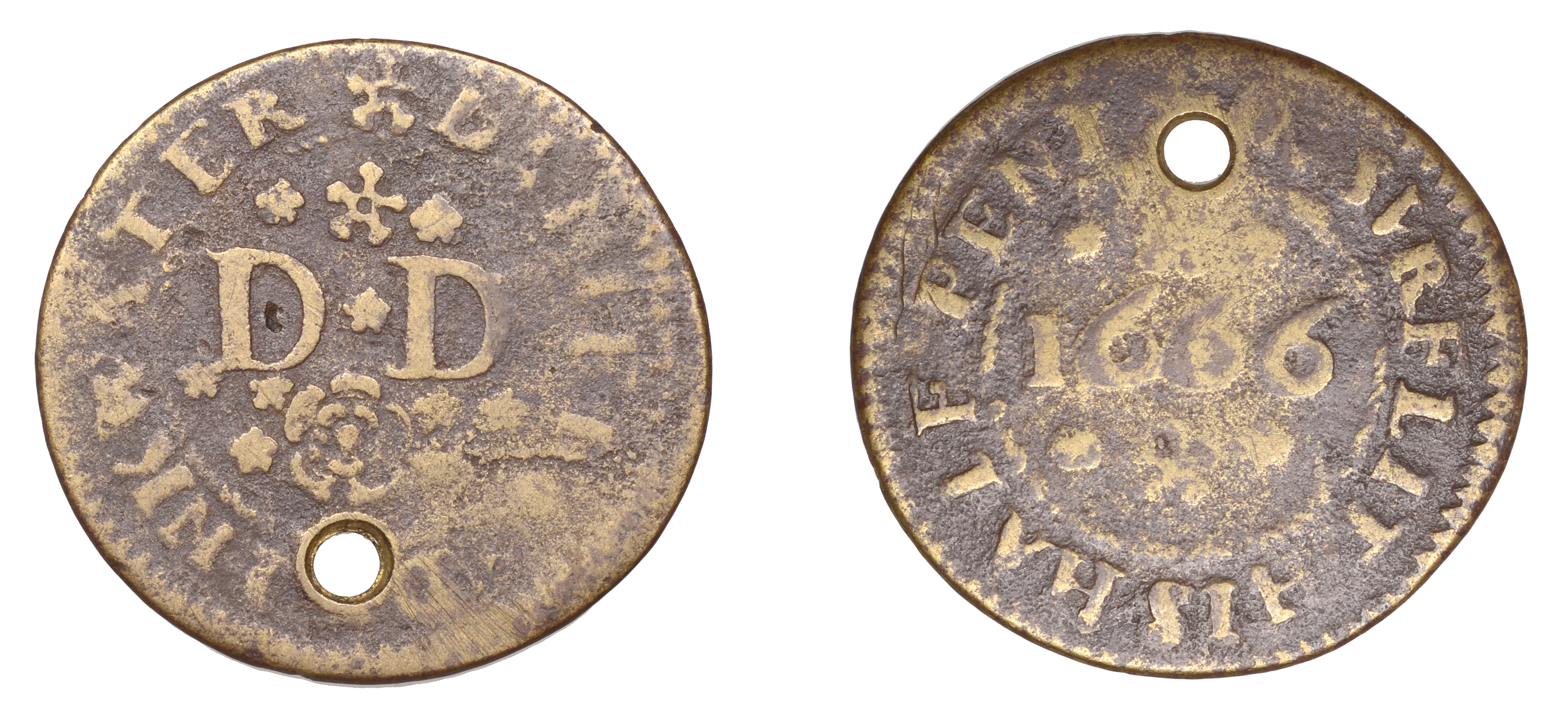 Surfleet, Daniell Drinkwater, Halfpenny, 1666, 2.03g/6h (OB 266; N â€“; BW. 256). Pierced, fai...