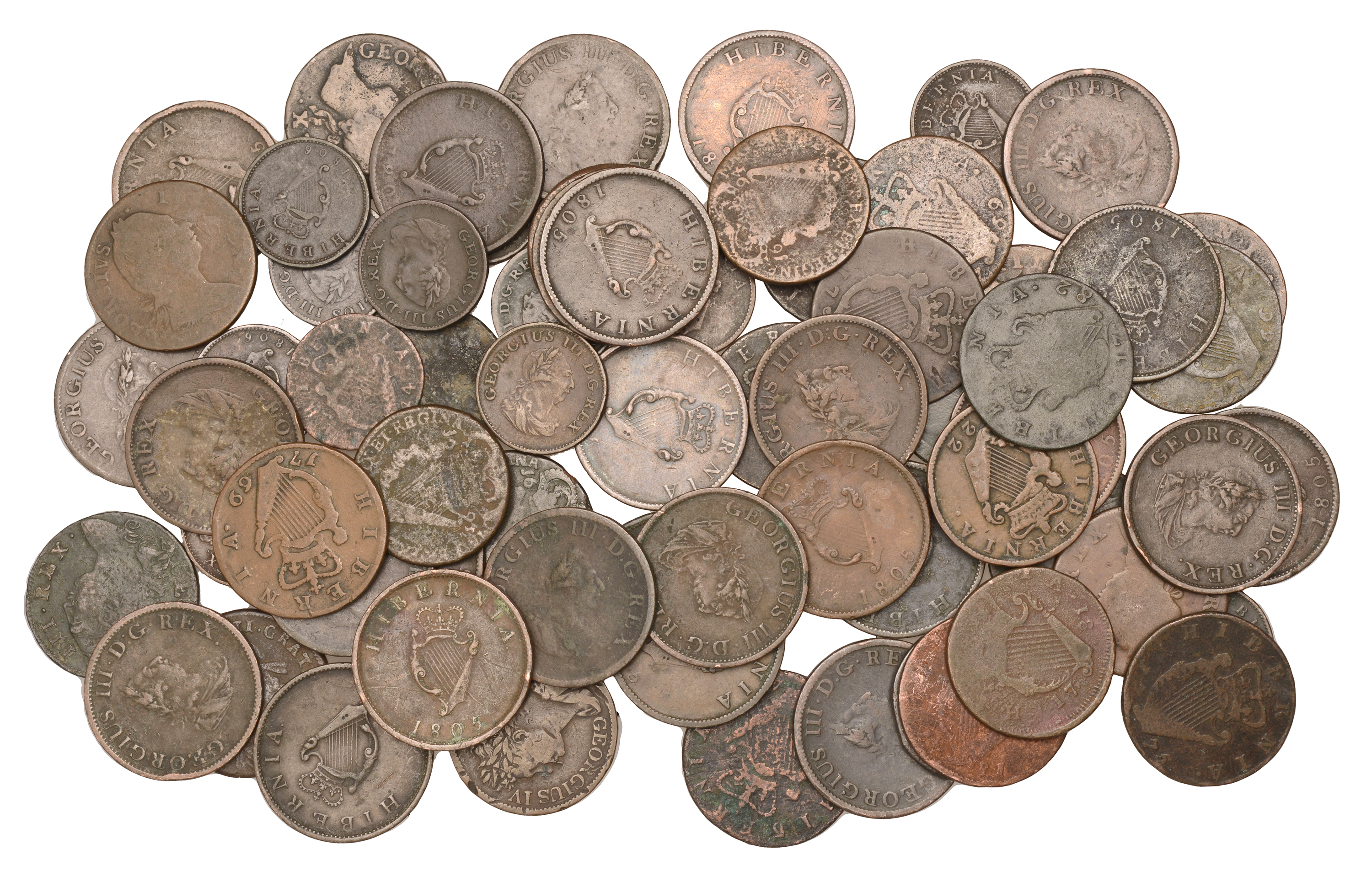 Miscellaneous, James II to George IV, Halfpennies (55) and Farthings (12) [67]. Varied state...