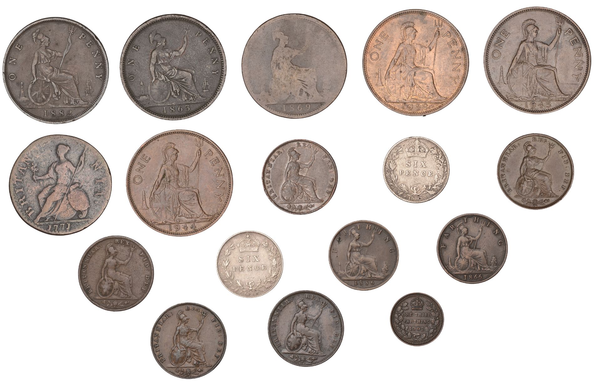 George III to George VI, Sixpences (2), Pennies (6), Halfpenny, Farthings (7), and Third-Far... - Bild 2 aus 2