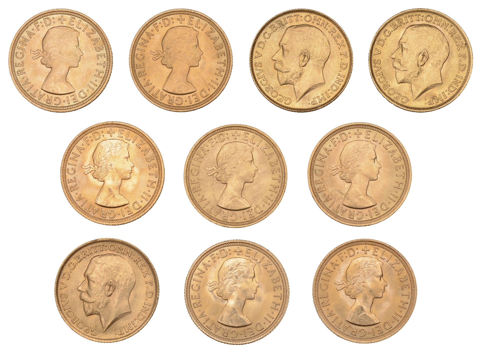 George V and Elizabeth II, Sovereigns (10), 1912, 1915, 1925, 1957, 1958, 1959 (2), 1962 (2)...