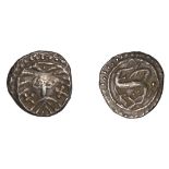 Early Anglo-Saxon Period, Sceatta, Secondary series X, Danish type B1, 'Wodan' head facing,...