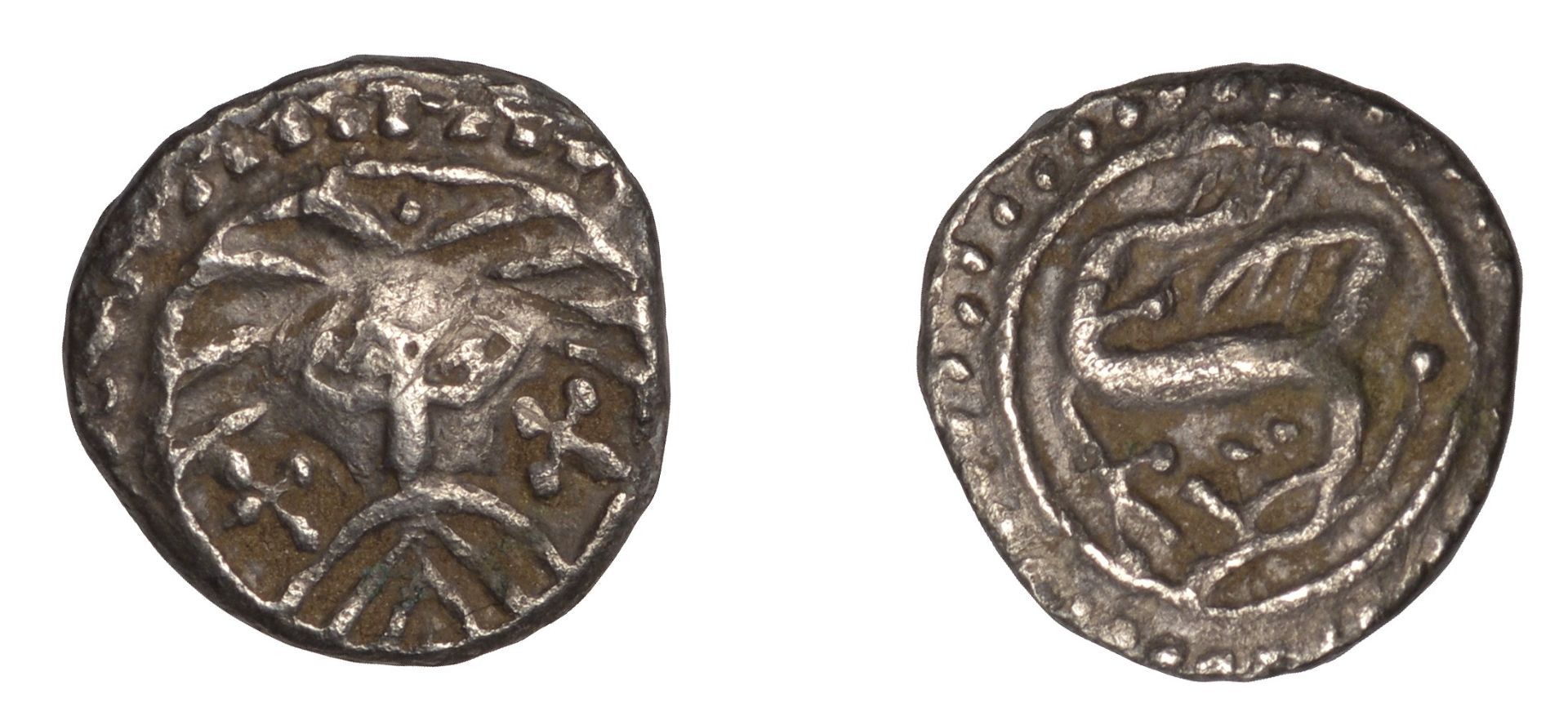 Early Anglo-Saxon Period, Sceatta, Secondary series X, Danish type B1, 'Wodan' head facing,...