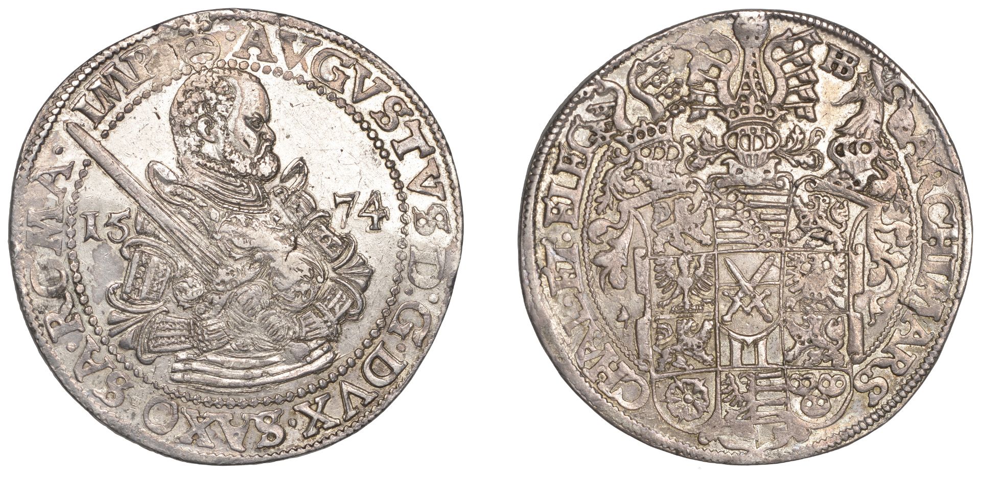 Germany, SAXONY, August, Thaler, 1574hb, Dresden, 29.16g/9h (Schnee 725; Dav. 9798). Lightly...