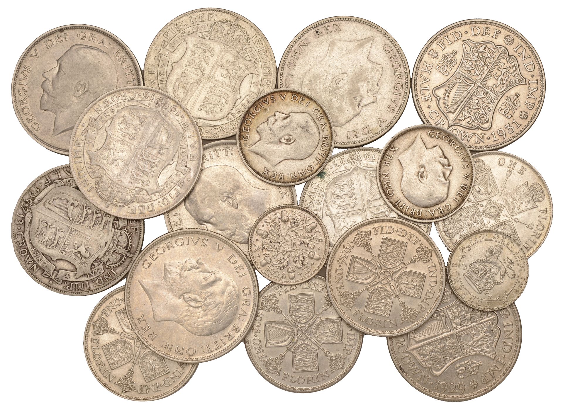 George V, Halfcrowns (10), 1911, 1913, 1916, 1919, 1921, 1923, 1927, 1929, 1931, 1935 (S 401...