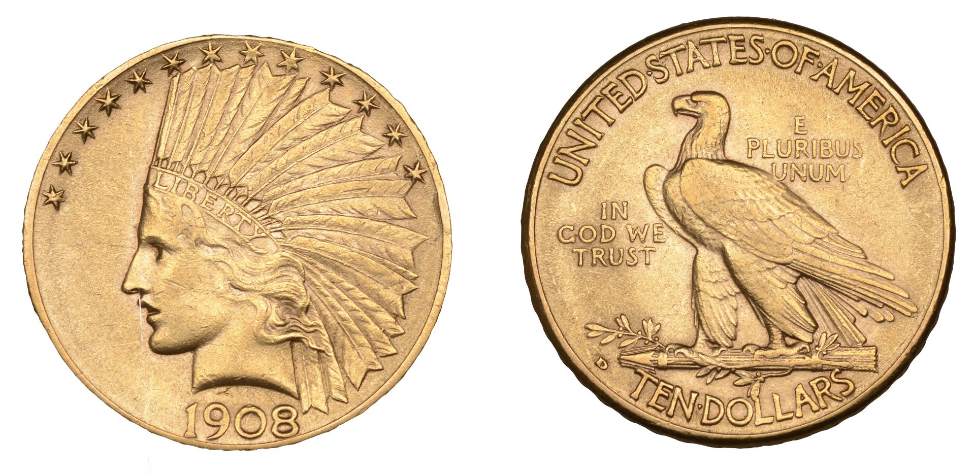 United States of America, Ten Dollars, 1908d, Indian head. Very fine Â£400-Â£500