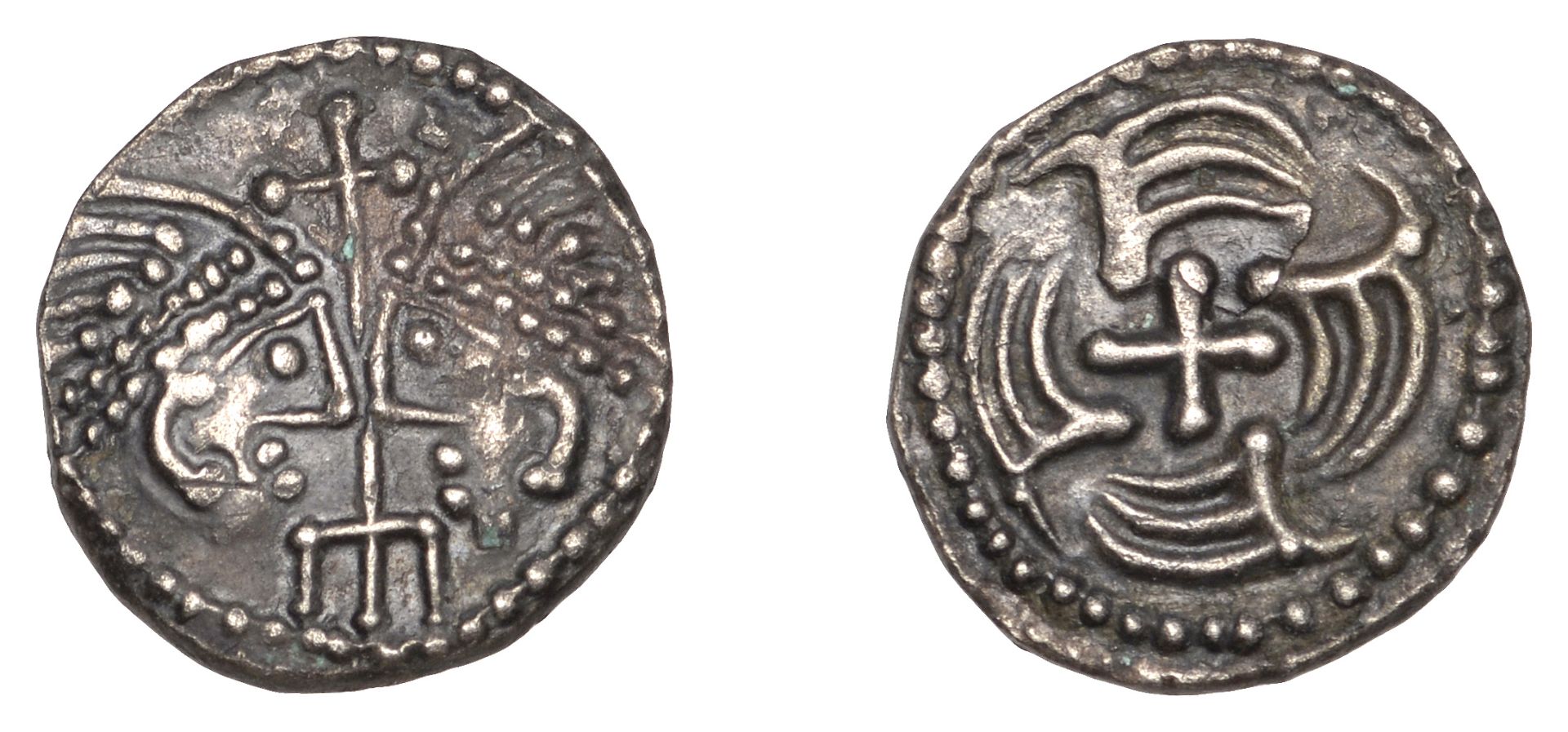 Early Anglo-Saxon Period, Sceatta, Secondary series J, type 37, two heads vis-Ã -vis, each wi...