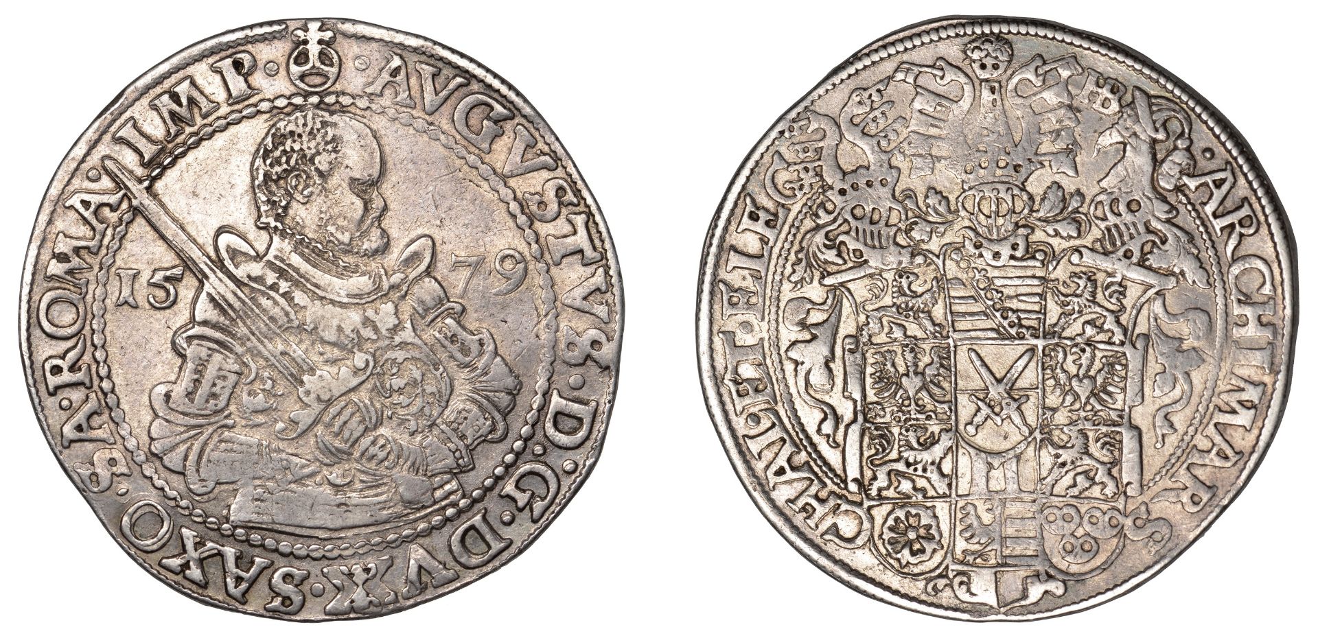 Germany, SAXONY, August, Thaler, 1579hb, Dresden, 29.06g/6h (Schnee 725; Dav. 9798). Very fi...