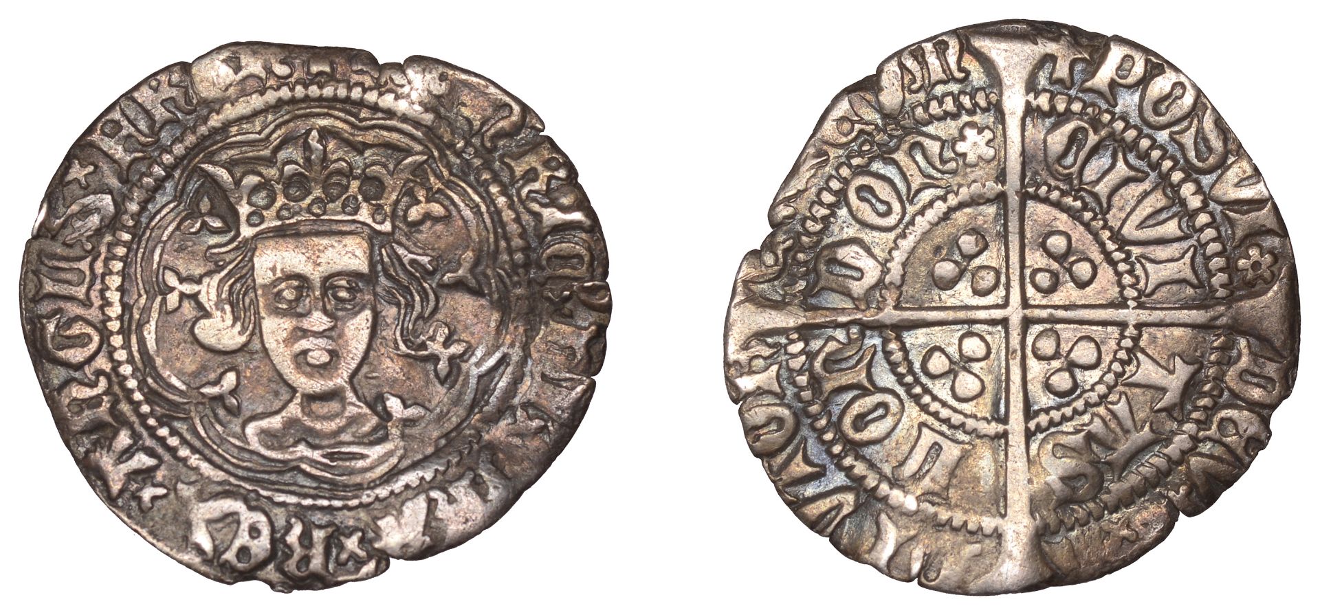 Henry VI (First reign, 1422-1461), Rosette-Mascle issue, Halfgroat, London, mm. cross V, sal...