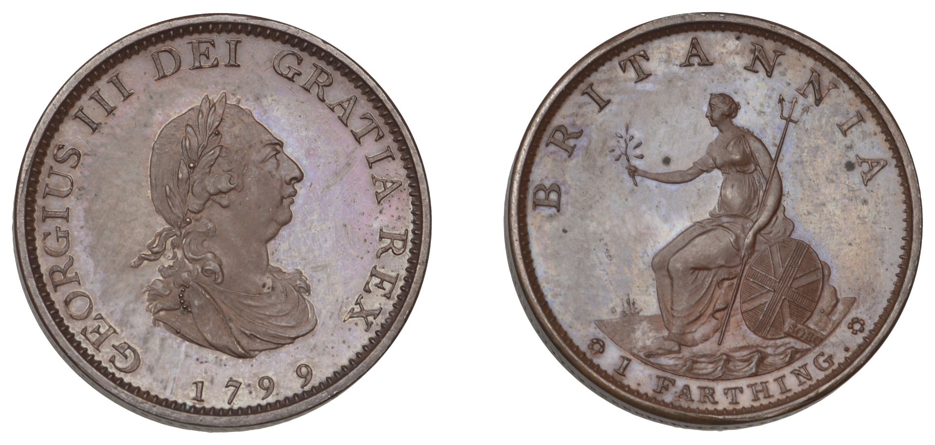 George III (1760-1820), Pre-1816 issues, Restrike Proof Farthing, 1799, in bronzed-copper, e...