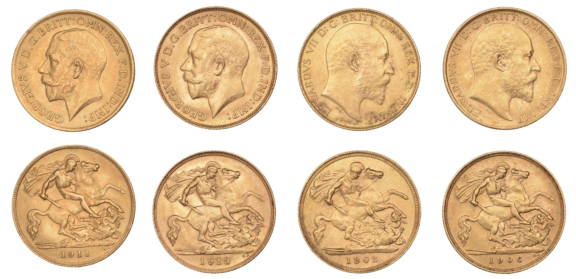 Edward VII and George V, Half-Sovereigns (4), 1902, 1906, 1911, 1913 [4]. Very fine or bette...