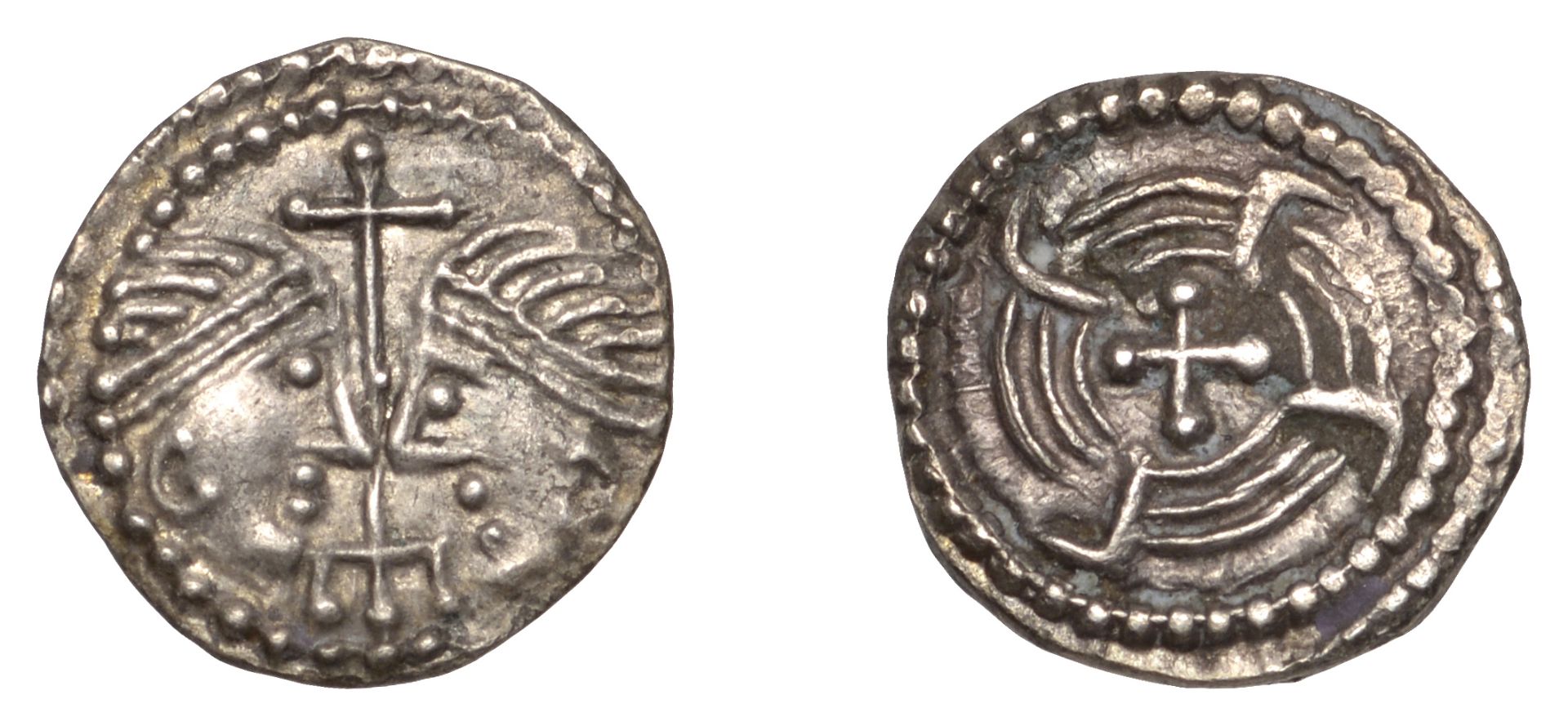 Early Anglo-Saxon Period, Sceatta, Secondary series J, type 37, two heads vis-Ã -vis, each wi...