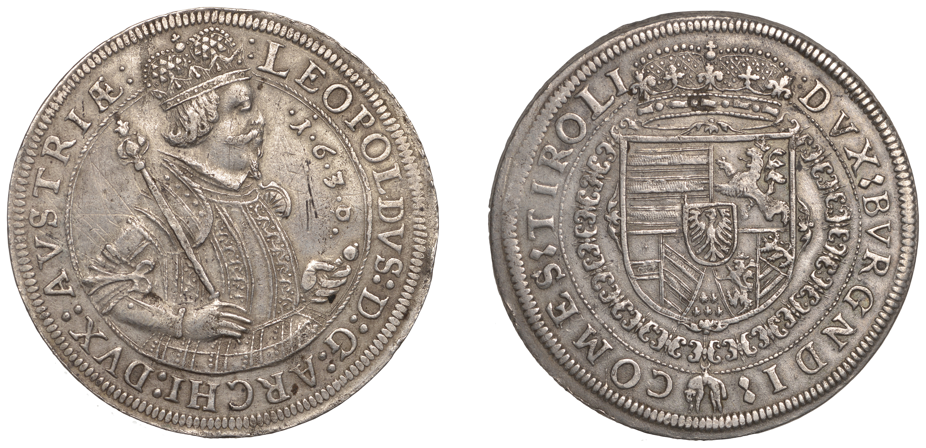 Austria, Archduke Leopold, Thaler, 1630, Hall, 28.32g/12h (MT 472; Voglhuber 183; Dav. 3338)...