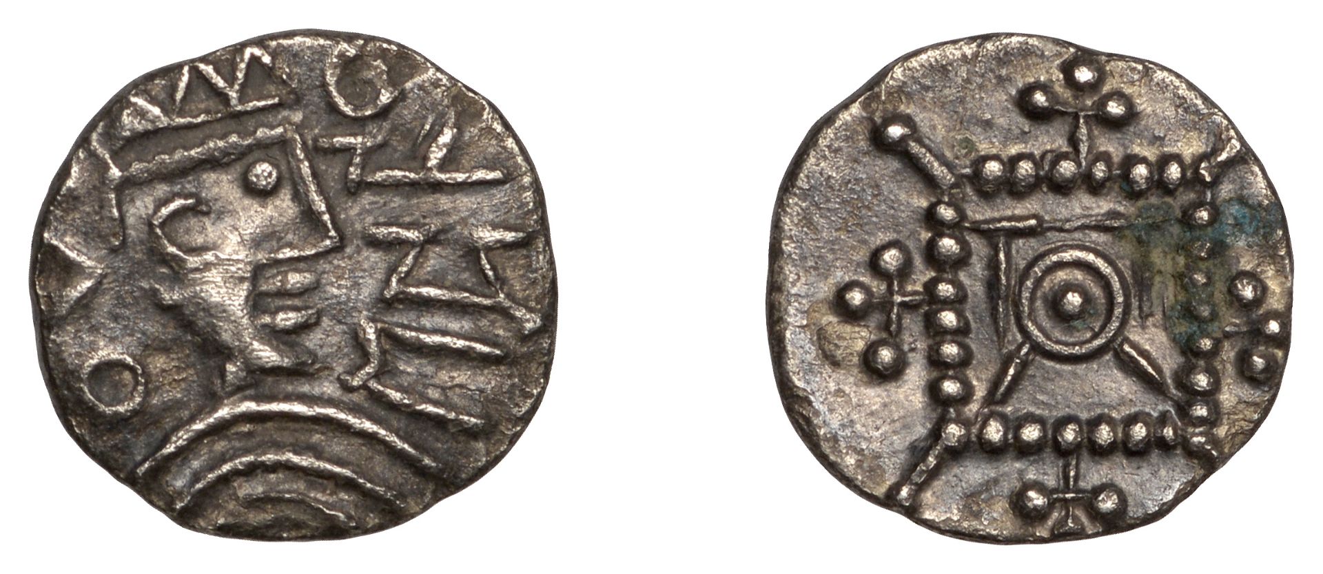 Early Anglo-Saxon Period, Sceatta, Secondary series R8, radiate head right with no neck, mcf...